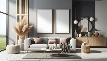 modern living room with a wooden framed blank canvas poster mockup