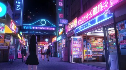 Anime-style night market with colorful neon lights