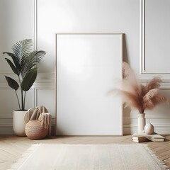 a wooden framed blank canvas poster mockup in white pastel wall background	