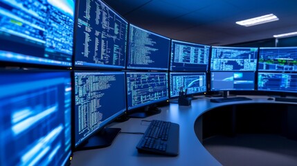 Male hacker analyzing network data on multiple screens in a cyber control center