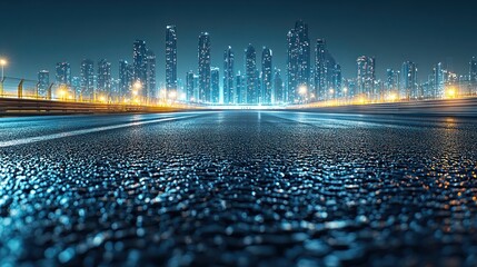 Empty road leading to a city skyline at night.
