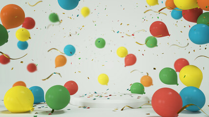 Colorful balloons party festive podium for product presentation platform background, 3d render