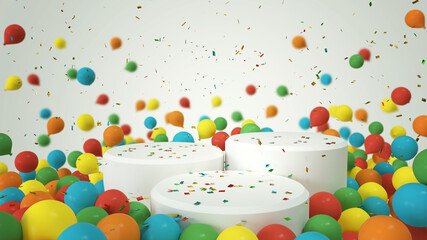 Colorful balloons party festive podium for product presentation platform background, 3d render