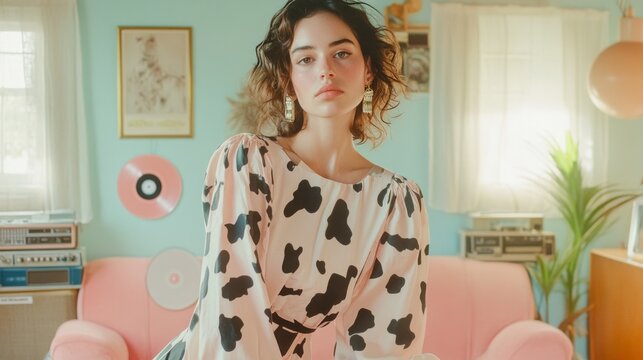 Female model in black and white cow-print dress in vintage-inspired room, perfect for retro and contemporary fashion mix