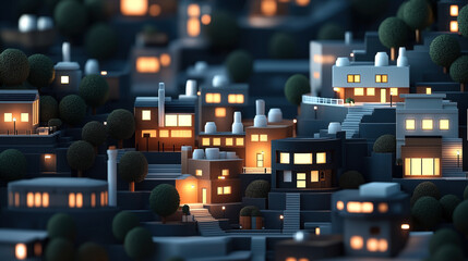 Obraz premium Stylized nighttime urban scene with illuminated houses, trees, and stairs, creating a cozy atmosphere. The image features warm lighting and abstract architectural elements.