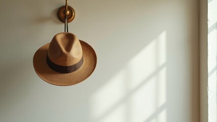 Elegant Straw Hat Hanging on Vintage Hook with Soft Shadow Play