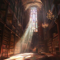 A quiet library filled with towering bookshelves, sunlight streaming through stained-glass windows, illuminating floating dust particles