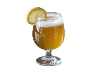 Refreshing Glass of Golden Beer with Frothy Head and Lemon Slice on the Rim, Perfect for Relaxing Moments