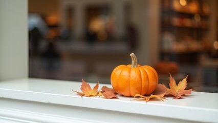 Minimalist Autumn-Themed Window Display with Pumpkin and Leaves