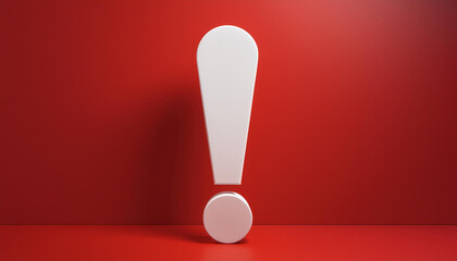 White exclamation mark on red backdrop. Modern design. 3D rendering.