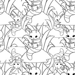 Cute Little Bookworm Inspired Repeat Pattern Design as Coloring Page
