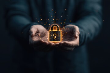 Businessman demonstrates cyber insurance solutions with glowing lock hologram for effective risk management