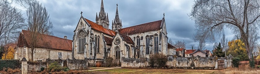 Fototapeta premium A historic building with gothic architecture set against a cloudy sky.