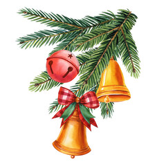  Christmas arrangement, watercolor festive golden bells, red bow on pine branch isolated, winter holiday illustration