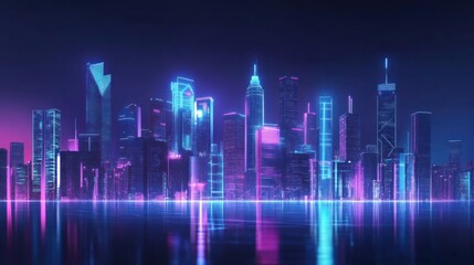 A futuristic city skyline with neon lights reflecting in the water.