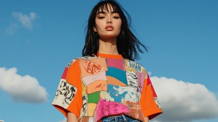 Woman in colorful recycled patchwork shirt with sky background for sustainable fashion