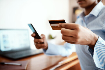 Credit card, phone and hands of business woman for online shopping, internet purchase and payment. Ecommerce, fintech and person on smartphone for website, stock investment and banking in office