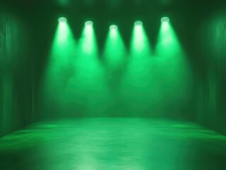 green spotlights illuminate a stage floor in a dark room, evoking a sense of anticipation and drama, suitable for a creative backdrop or performance