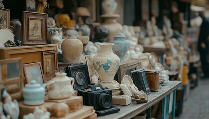 AI generator image of used goods store, antique goods, collectibles along the roadside,Old vintage objects and furniture for sale at a flea market.