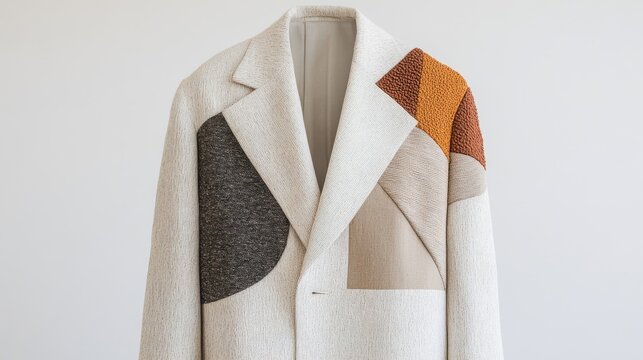 Close-up of a modern, stylishly designed coat with unique patchwork textures in warm and neutral tones, showcasing contemporary fashion and textile design