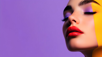 A close-up of a model with vibrant lipstick and eye makeup against a colorful purple background, showcasing beauty and artistic expression during a fashion photoshoot