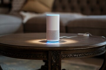 Obraz premium Smart Speaker on a Vintage Coffee Table: A Blend of Modern and Classic. 