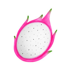 The illustration depicts a vibrant pink dragon fruit with green-tipped scales. One half is shown cut open, revealing its white flesh speckled with tiny black seeds