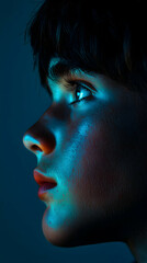 A close-up portrait of a young person against a dark background illuminated by soft blue light showcasing facial features and expressions