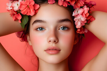 A young woman with a floral crown poses against a vibrant pink background during a spring-themed photography session showcasing natural beauty and soft skin tones