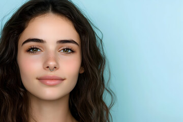 A young woman with long wavy hair and a septum piercing smiles softly against a light blue background, demonstrating natural beauty and confidence