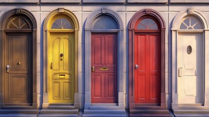 3D house doors in various styles, symbolizing building, home, and interior design themes.