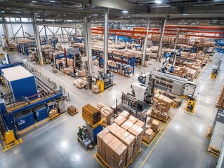 high-tech warehouse interior bustling with automated robots and conveyor systems efficiently managing goods, a testament to modern industrial innovation