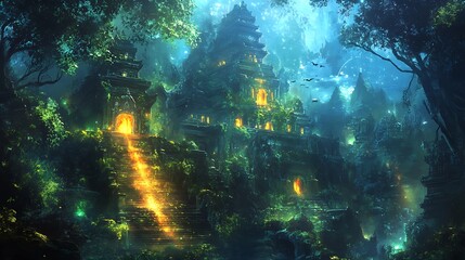 Obraz premium Anime-inspired glowing cityscape with futuristic architecture and neon lights