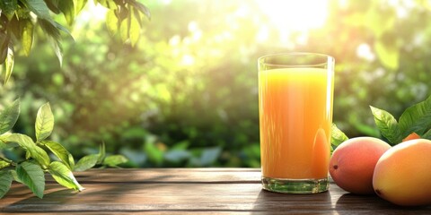 Fototapeta premium A glass of fresh Mango Juice on the table with a blurred background of green trees and sunlight, in a banner format, with space for text. Close-up of an Mango 