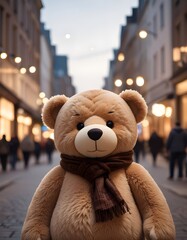 A large, plush teddy bear with a scarf, standing in a city street with blurred buildings and lights in the background