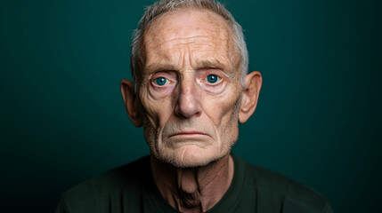 A close-up portrait of an elderly man with piercing blue eyes sitting against a solid green background, highlighting the lines and expressions of age during twilight hours