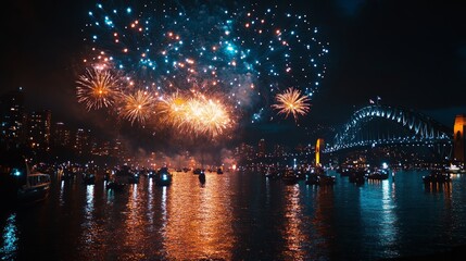 A breathtaking view of fireworks exploding over a cityscape with a bridge in the background. 