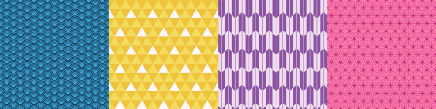Traditional japanese seamless pattern vector set. Asian background repeat designs Asanoha, Seigaiha, Uroko, Yabane patterns. Waves, Arrow feathers, leaves, triangles, geometric print collection.