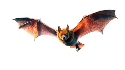 Fototapeta premium A brown bat with outstretched wings flying towards the camera against a white background.
