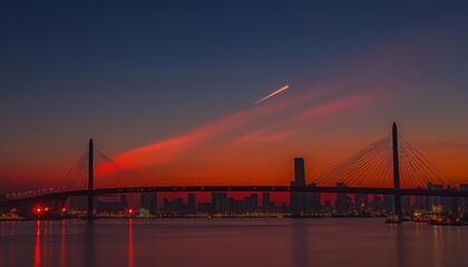 AI generator image of Comet passing by, red sky Above the  Bridge As the sun was rising in the sky