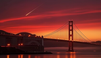 Fototapeta premium AI generator image of Comet passing by, red sky Above the Bridge As the sun was rising in the sky