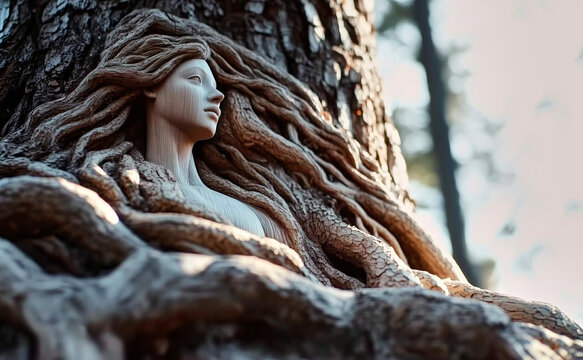 Mother nature emerges from tree trunk, embracing the forest