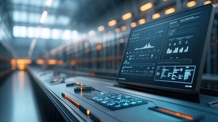 Inventory management order tracking concept. A high-tech monitoring screen displays data in a control room, showcasing analytics within a futuristic, digital environment.