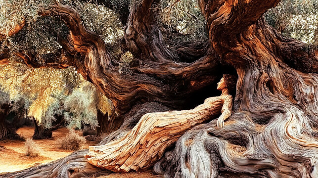 Wooden statue relaxing under ancient olive tree in grove