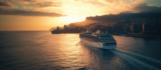 A stunning sunset view with a cruise ship navigating through calm waters near a coastal city, framed by mountains and buildings. © Arpatsara