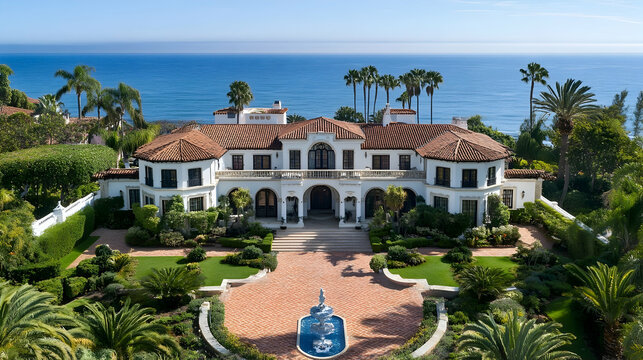 Santa Barbara Spanish colonial with Pacific views and citrus grove, California mission-style hilltop estate