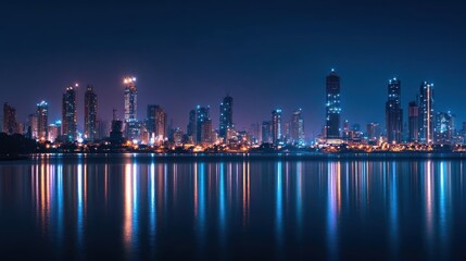 Fototapeta premium A panoramic view of a city skyline at night with illuminated skyscrapers reflecting on the water.