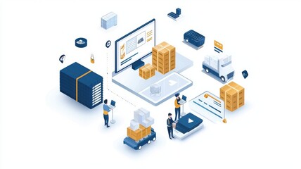 Obraz premium Inventory management order tracking concept. A digital scene depicting logistics management with boxes, a laptop, and delivery vehicles, illustrating efficient supply chain operations.
