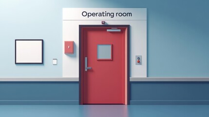 A bright, clean corridor ends at a red door labeled "Operating room," a typical setting in a hospital environment.