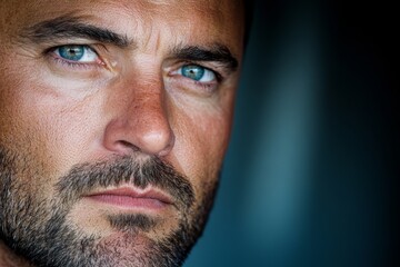 Fototapeta premium Intense close-up of a man with striking blue eyes and a serious expression, showcasing skin texture and facial features, captured in natural light